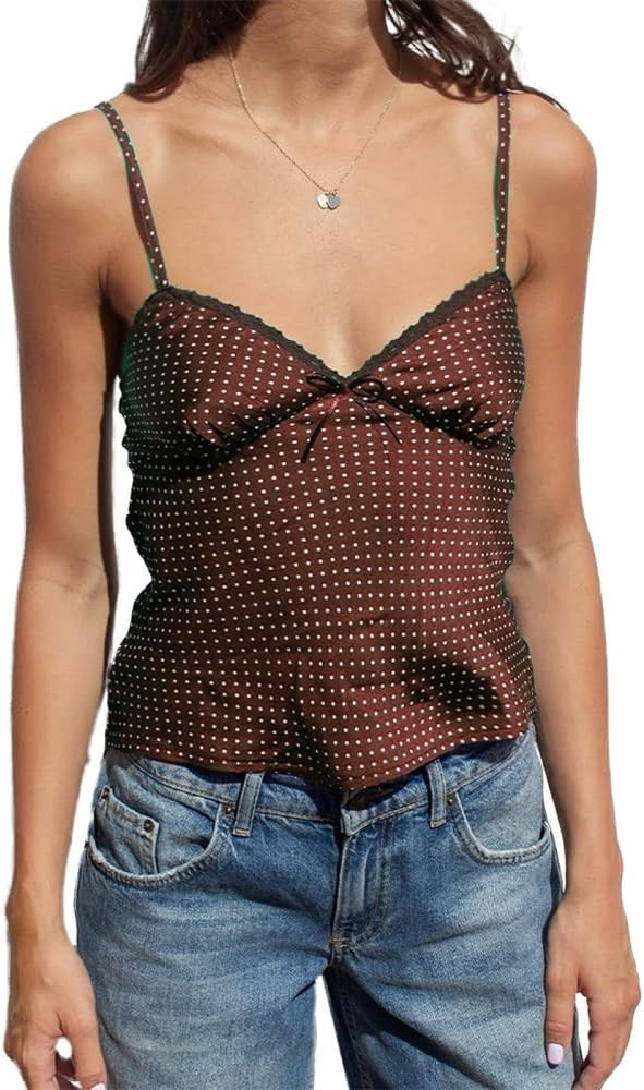 Women Y2K Polka Dot Camisole Lace Trim V Neck Tank Top Open Back Sleeveless Crop Top Spaghetti St... | Amazon (US)