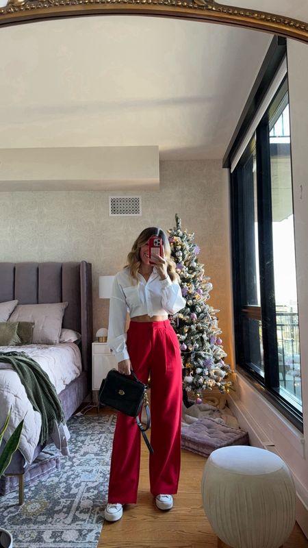 abercrombie cyber week sale! 25% off + additional 15% off in cart! red holiday trouser pants. white cropped button down top. 
in my usual smalls & 26
code: CYBERAF
ring: use code emerson65

#LTKCyberWeek #LTKHoliday #LTKsalealert
