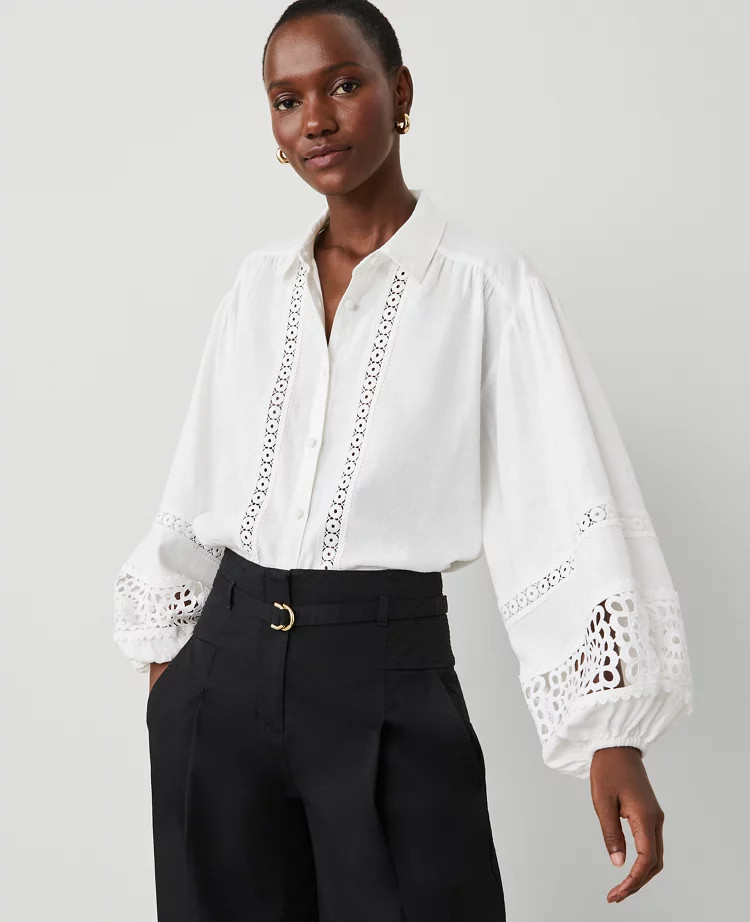 Embroidered Linen-Blend Puff Sleeve Blouse | Ann Taylor | Ann Taylor
