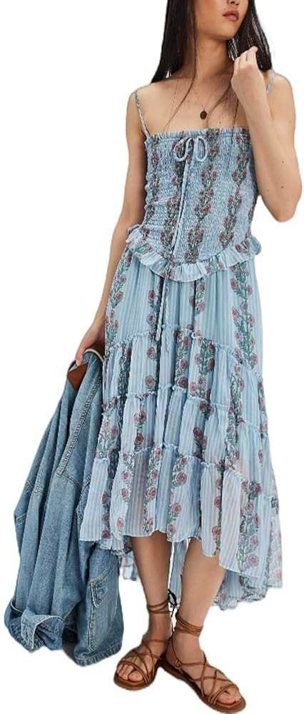 Women Floral Spaghetti Strap Long Sundress Boho Smocked Backless Flowy Midi Dress Summer Tiered R... | Amazon (US)