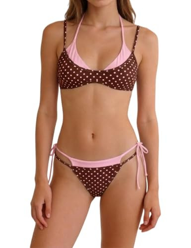 Sunloudy Womens Double Layer Bikini Sets Polka Dot Halter Triangle with Side Tie Cheeky Thong Colorblock 2 Piece Swimsuit(Chocolate,Medium) | Amazon (US)