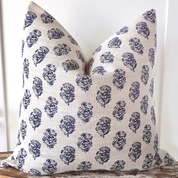 Block Print Linen Designer Pillow flax and Indigo Modern | Etsy | Etsy (US)