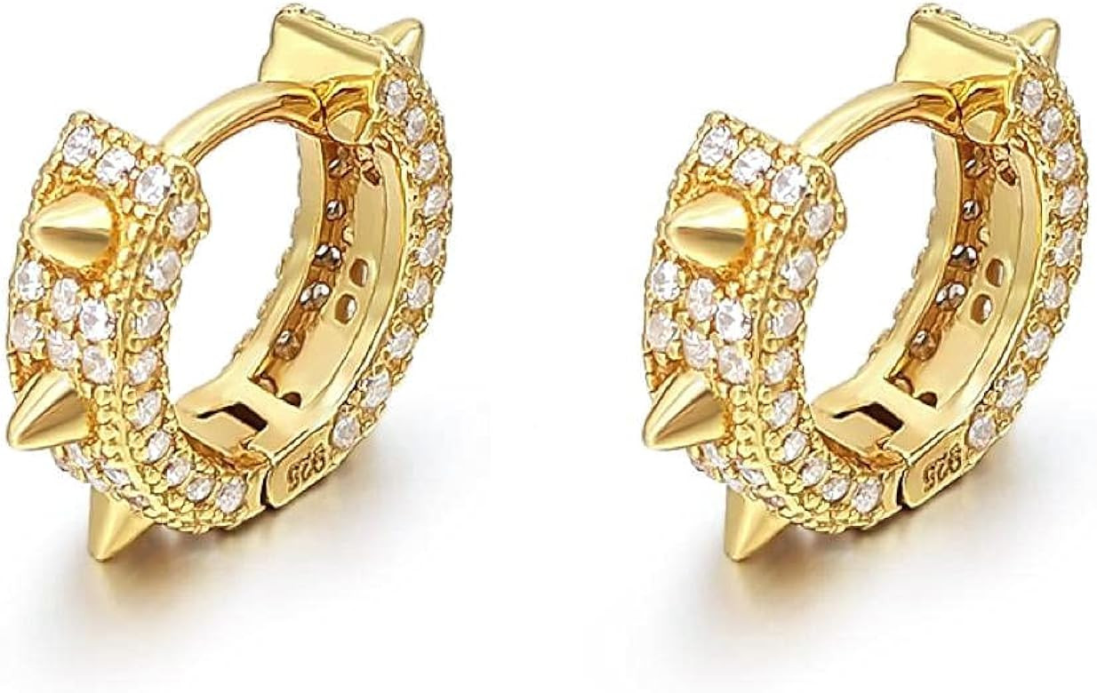 Amazon.com: Gold Plated Sterling Silver Fully Ice Out Cz Small Spike Huggie Hoop Earrings: Clothi... | Amazon (US)