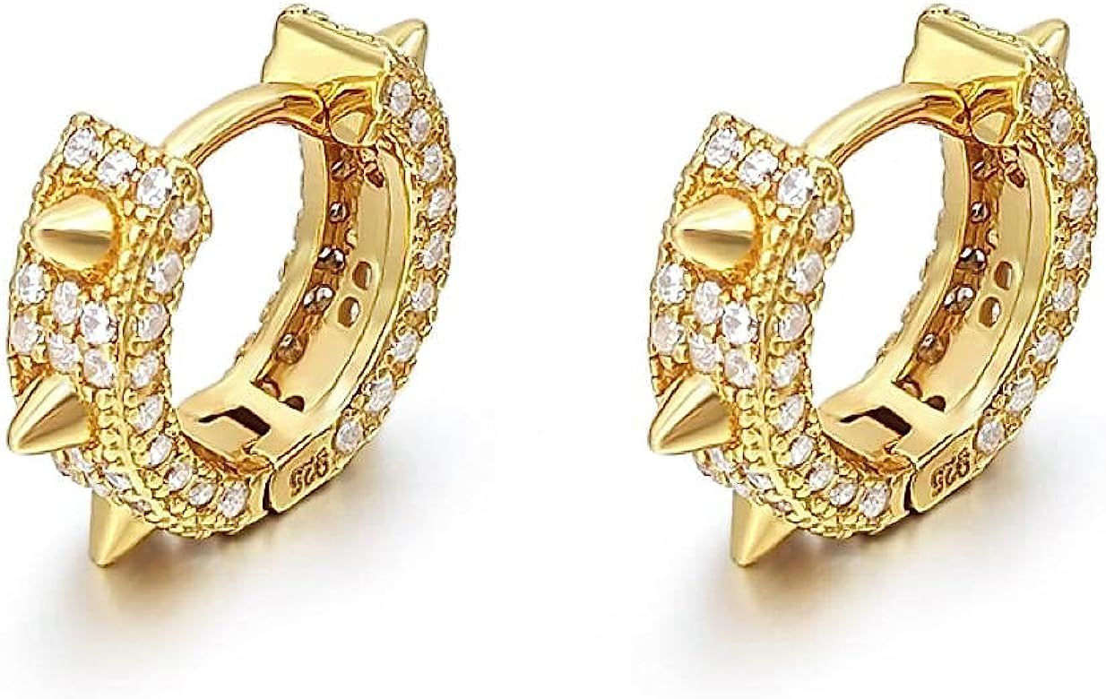 Amazon.com: Gold Plated Sterling Silver Fully Ice Out Cz Small Spike Huggie Hoop Earrings: Clothi... | Amazon (US)