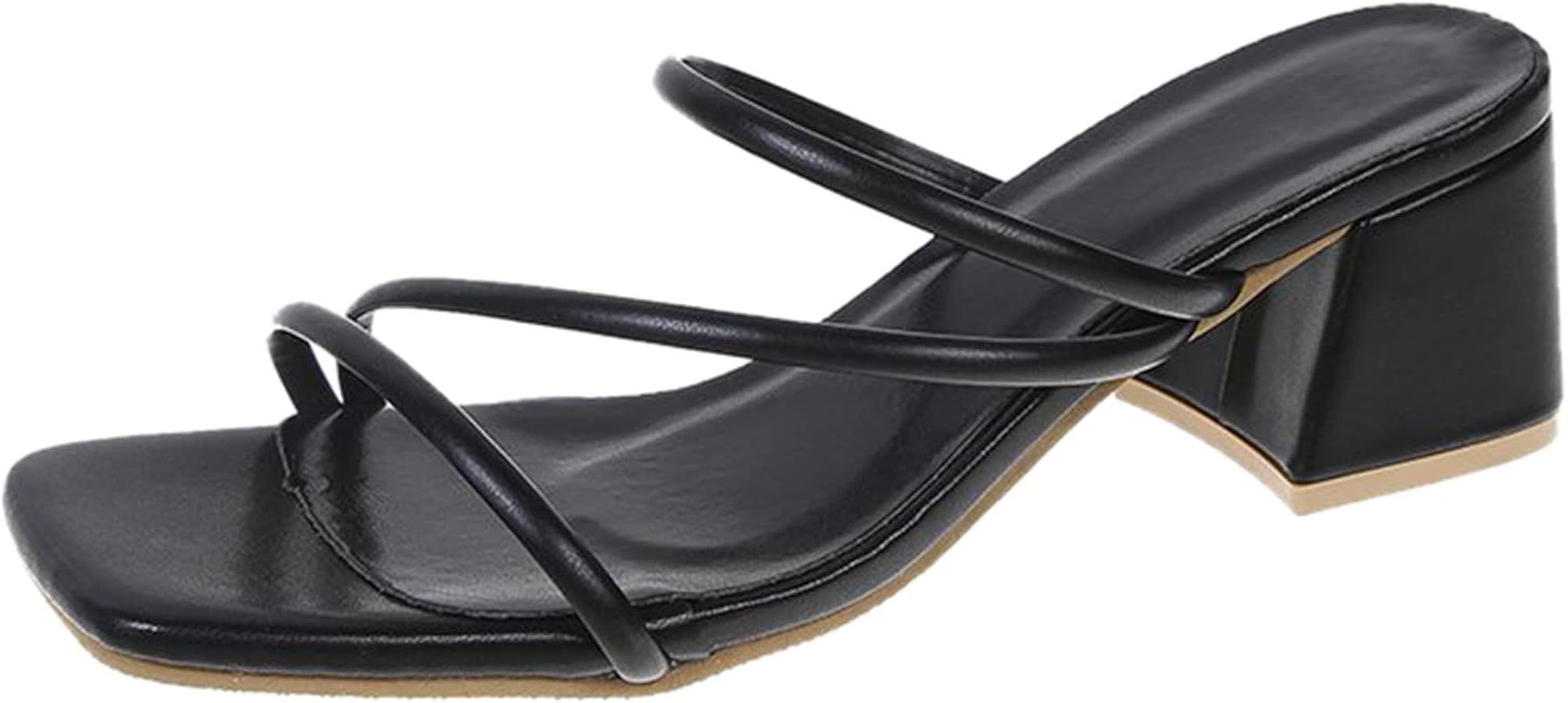 Square Toe Block Heel Sandals for Women Dressy Backless Three Strap Chunky Slip On High Heel Mule... | Amazon (US)