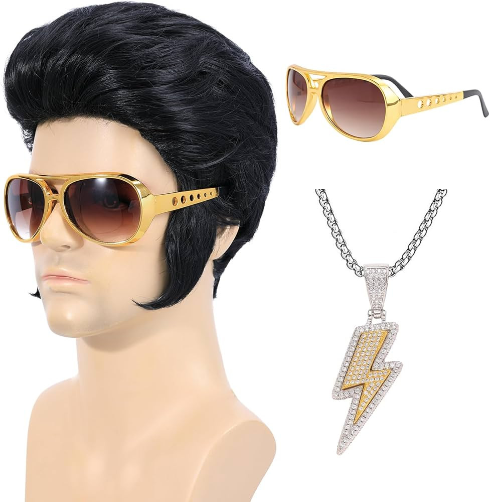 4pcs Set 50s Rock Wig with Sunglasses and Necklace for Men Singer Rocker Costume Wigs for Cosplay... | Amazon (US)