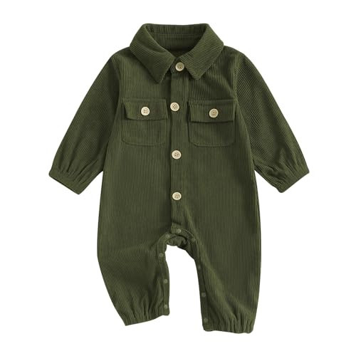 Karuedoo Newborn Baby Boy Girl Clothes Corduroy Long Sleeve Button Up Romper Jumpsuit Collared Bodysuit Fall Winter Outfit (Army Green, 0-3 Months) | Amazon (US)