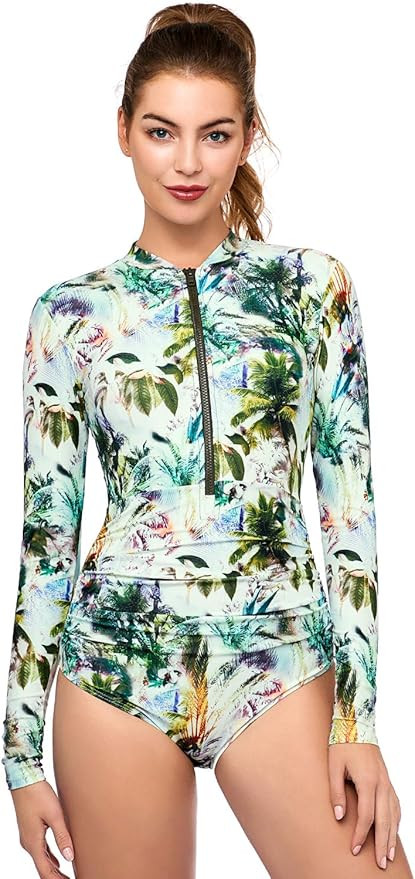 AXESEA Womens Rash Guard Long Sleeve One Piece Swimsuit Ruched Zip Bathing Suit | Amazon (US)