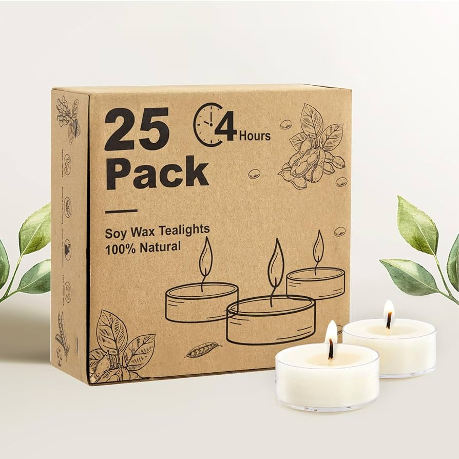 Unscented Soy Tea Lights Candles 25 Pack Bulk, 4 Hours Long Burning White Tea Lights,Non-Paraffin... | Amazon (US)