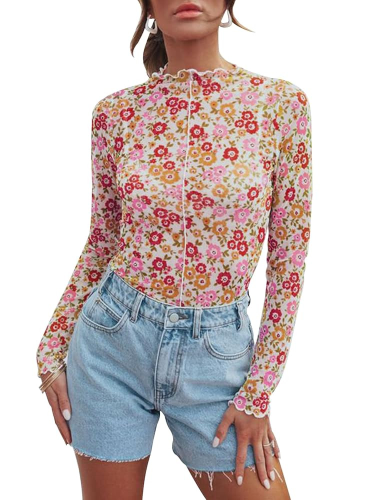 Women Floral Top Mock Neck Ruffle Blouses Fitted Sexy Going Out Concert Outfits Fashion 2025 | Amazon (US)