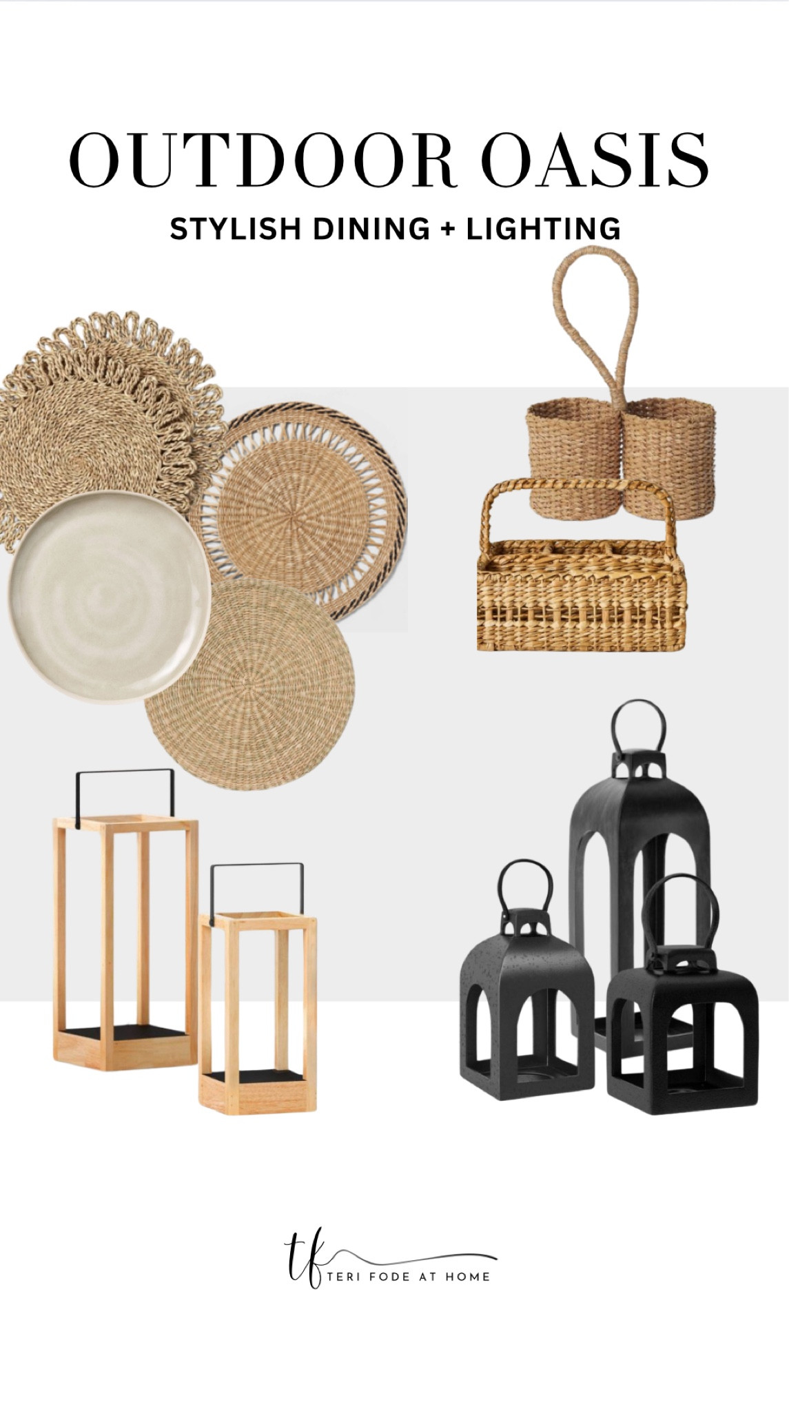 Create a stylish vibe outdoors with Al Fresco dining and lighting! Woven placemats, melamine plates, sea grass placemats, sea grass utensil caddy, metal outdoor lanterns, wood outdoor lanterns 

#LTKHome #LTKSeasonal