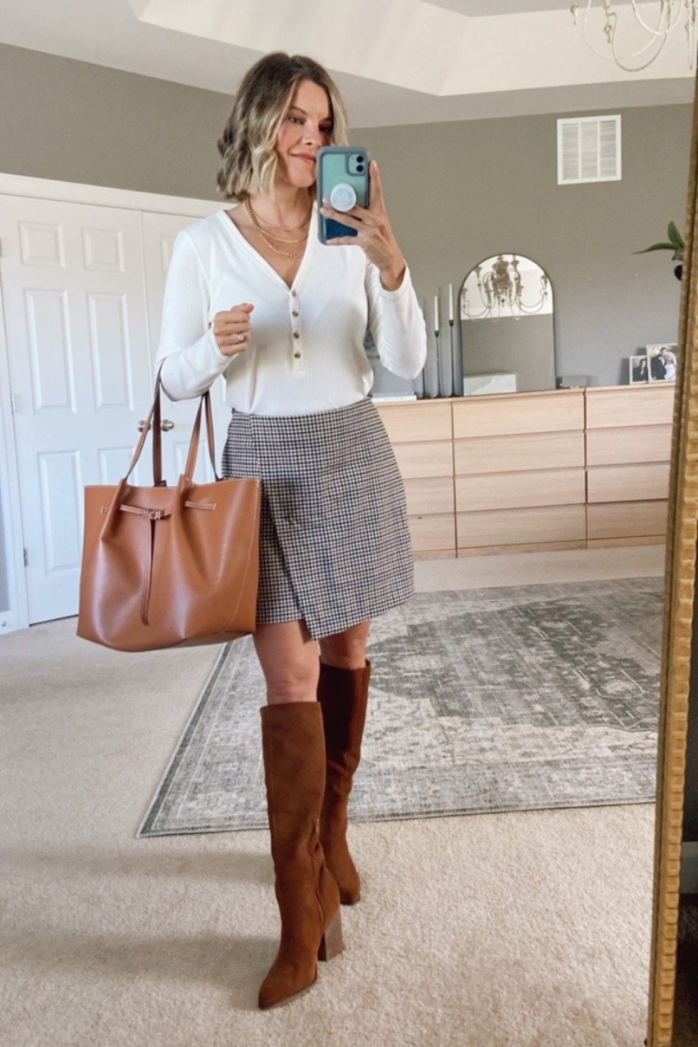 Fall transition 
Fall outfitts
Plaid houndstooth skirt
Knee-high boots
Target faux leather bag
My boots are Steve Madden from a few years ago.

#LTKPetite #LTKFindsUnder50 #LTKOver40