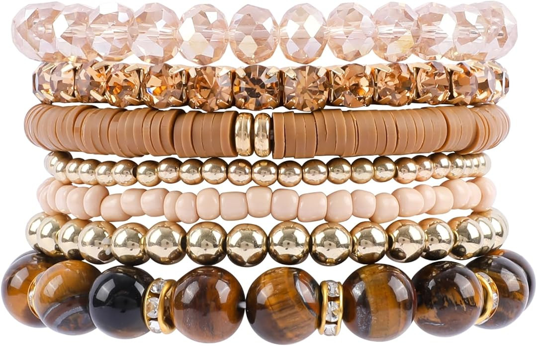 Bohemian Natural Stone Beaded Bracelets for Women Girls Stackable Stretch Beads Bracelet Set with... | Amazon (US)