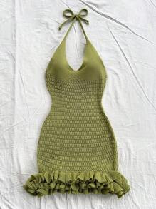 SHEIN Dreamara Solid Color Halter Tie Back Vacation Ruffle Trim Backless Knit Dress | SHEIN