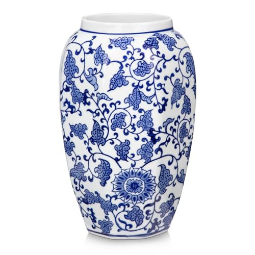Blue and White Vase 8.5 Inch Traditional Chinoiserie Floral Vase Porcelain Ginger Jar Octagonal Vases Blue and White Porcelain Decor for Home, Living Room, Kitchen, Mantel, Shelf, Table | Amazon (US)