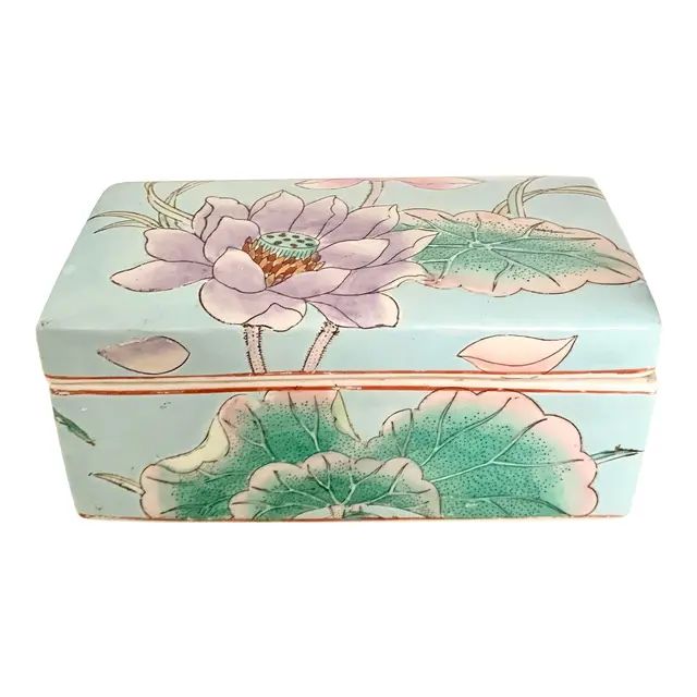Vintage Handpainted Ceramic Turquoise and Pink Lilypad Box | Chairish
