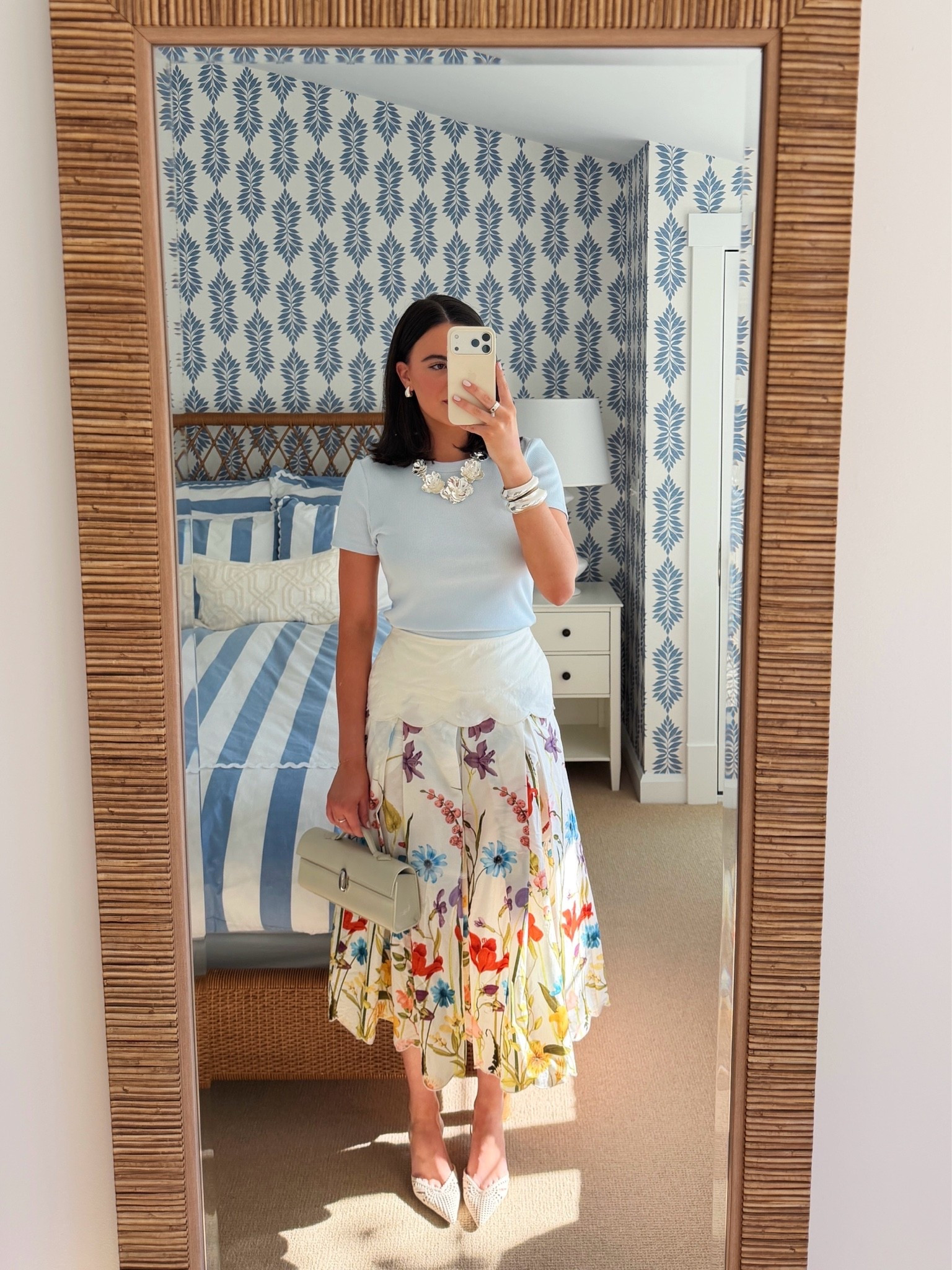 One of my favorite looks in June! 🩵 Skirt is Mesitza! I paired it with a Veronica Beard top and Zara heels! My necklace is also Mesitza!