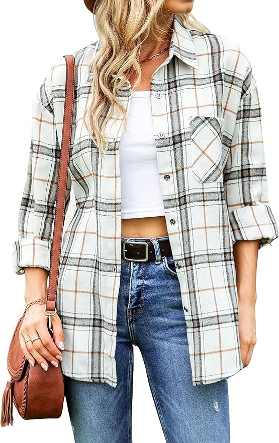 Wanzetaly Womens Casual Oversized Flannel Plaid Button Down Long Sleeve Shirts 2023 Fashion Blous... | Amazon (US)