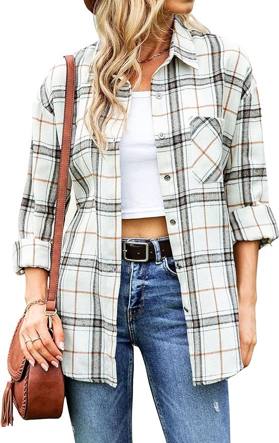 Wanzetaly Womens Casual Oversized Flannel Plaid Button Down Long Sleeve Shirts 2023 Fashion Blous... | Amazon (US)