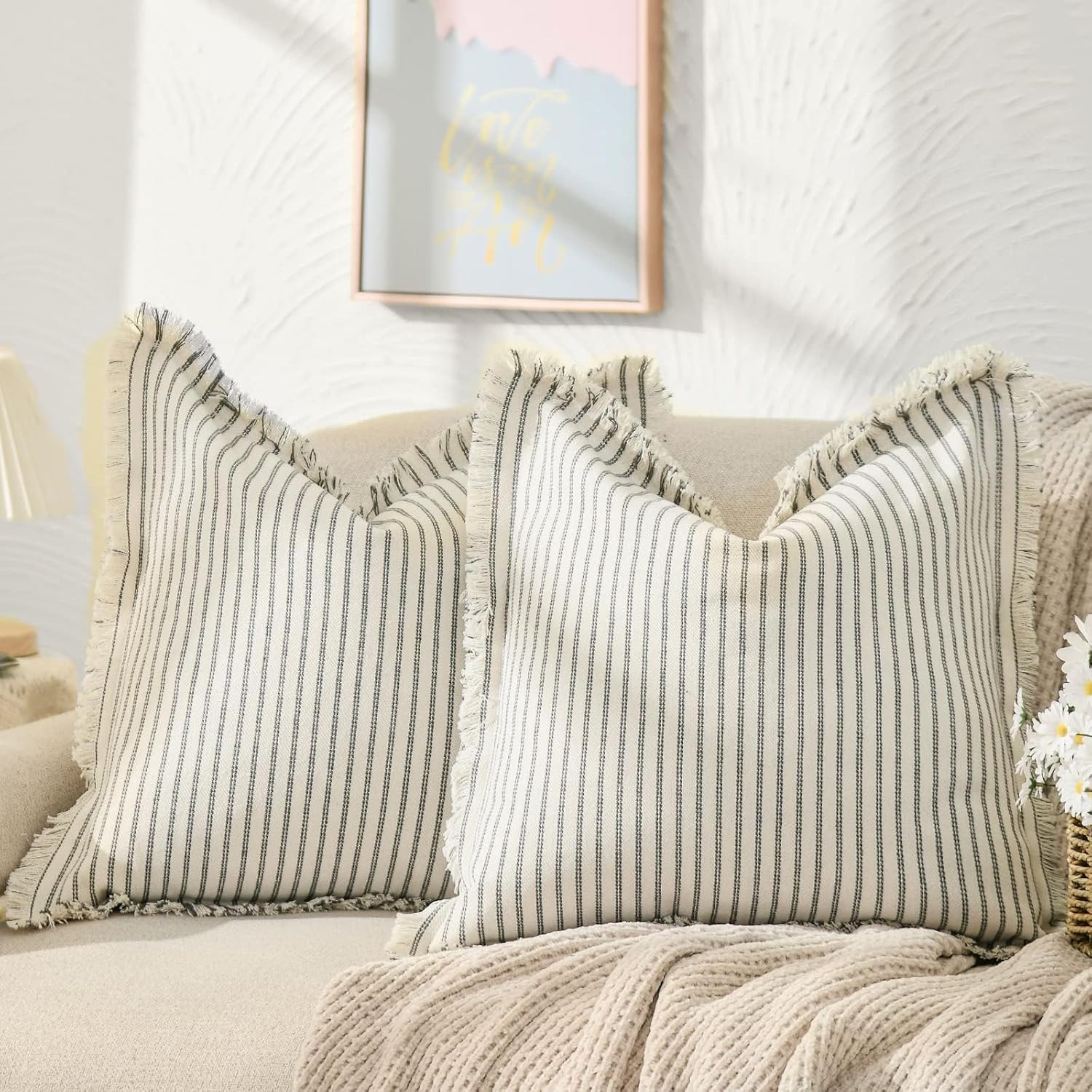 ZWJD Throw Pillow Covers 22x22 Set of 2 Striped Pillow Covers with Fringe Chic Cotton Decorative ... | Amazon (US)