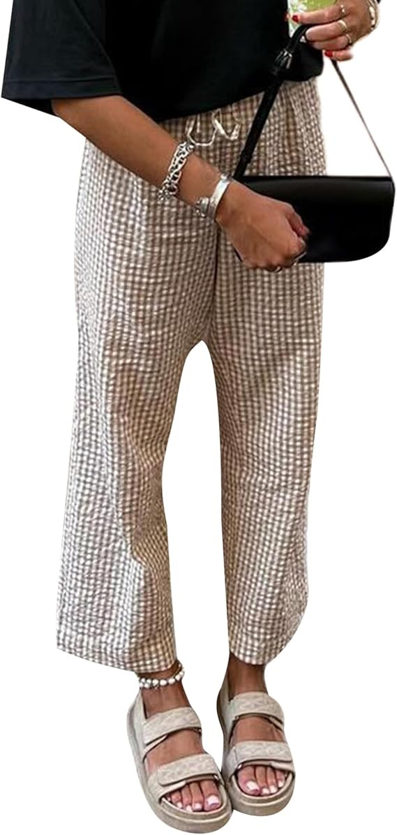Women Y2K Plaid Pants Summer Casual Drawstring High Waist Straight Leg Trousers Lounge Pants Stre... | Amazon (US)