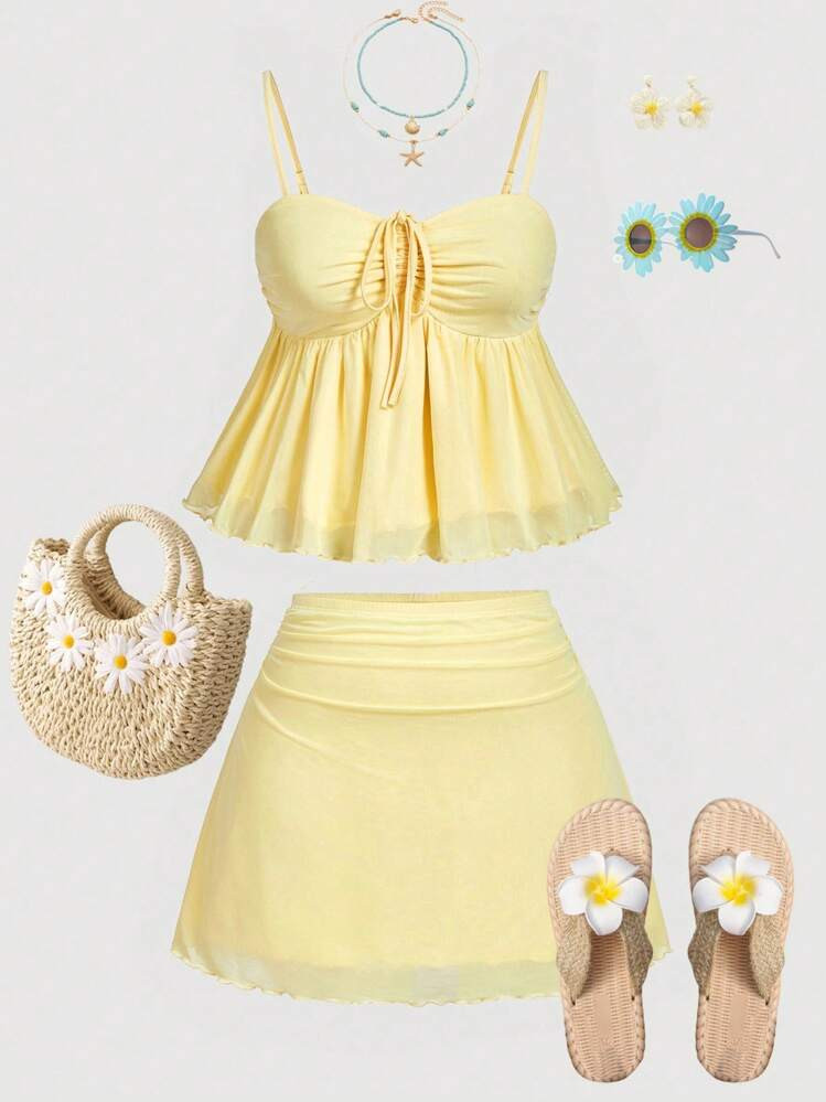 SHEIN MOD Plus Size Women Spaghetti Strap Camisole And Mini Skirt Set, Yellow Women Two-Piece Outfit,Cute,Two Piece Set Women. Yellow Skirt Set. Butter Yellow Two Piece Set. Skirt Swimsuit Set.Suitable For Back To School, | SHEIN