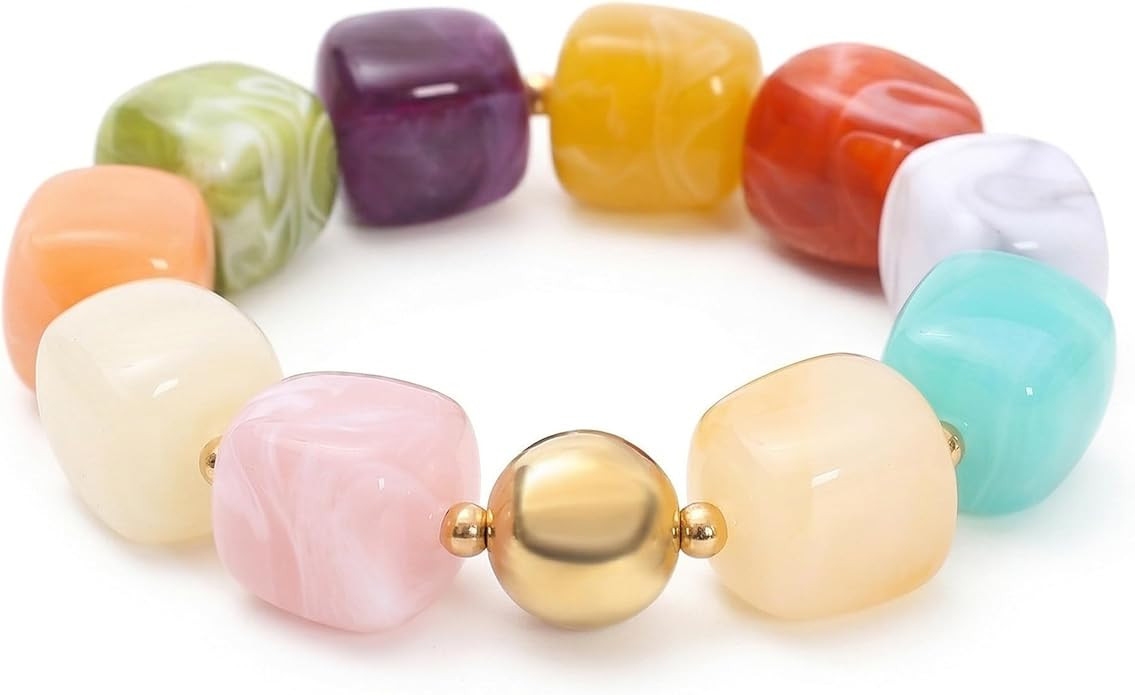 Chunky Cube Beaded Stretch Bracelet for Women Marble Pattern Acrylic Elastic Bangle with Gold Bea... | Amazon (US)