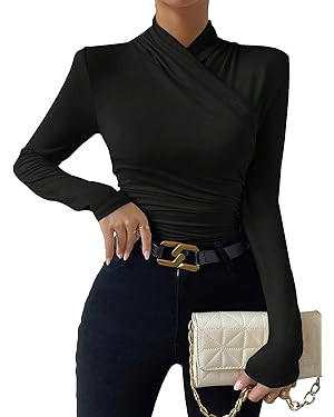 SweatyRocks Women's Ruched Mock Neck Long Sleeve T Shirt Solid Slim Fitted Tee Tops | Amazon (US)