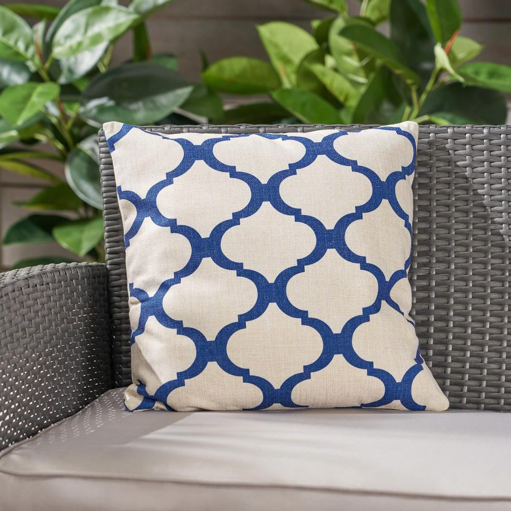 Noble House Fira Beige and Blue Square Outdoor Throw Pillow, Blue on Beige | The Home Depot