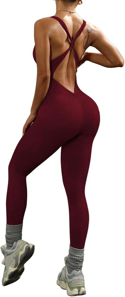 WDIRARA Women's Workout Jumpsuit V Neck Sleeveless Criss Cross Backless Yoga Jumpsuit Pants Rompe... | Amazon (US)