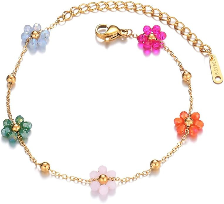Daisy Flower Bracelet for Women 18K Gold Plated Stainless Steel Colorful Flowers Link Chain Brace... | Amazon (US)
