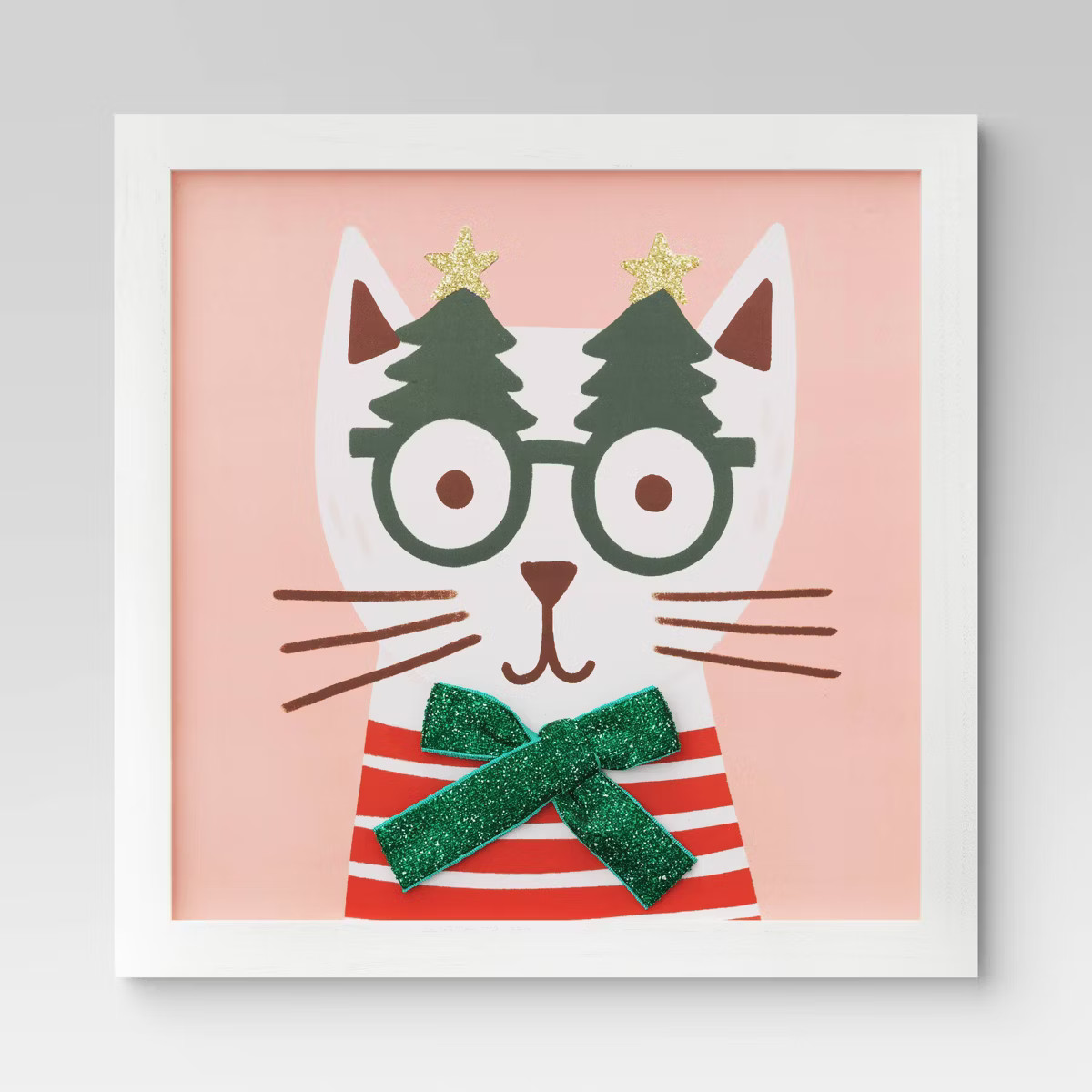 12"x12" Cat Wearing Glasses Christmas Wood Wall Art Pink/White - Wondershop™ | Target
