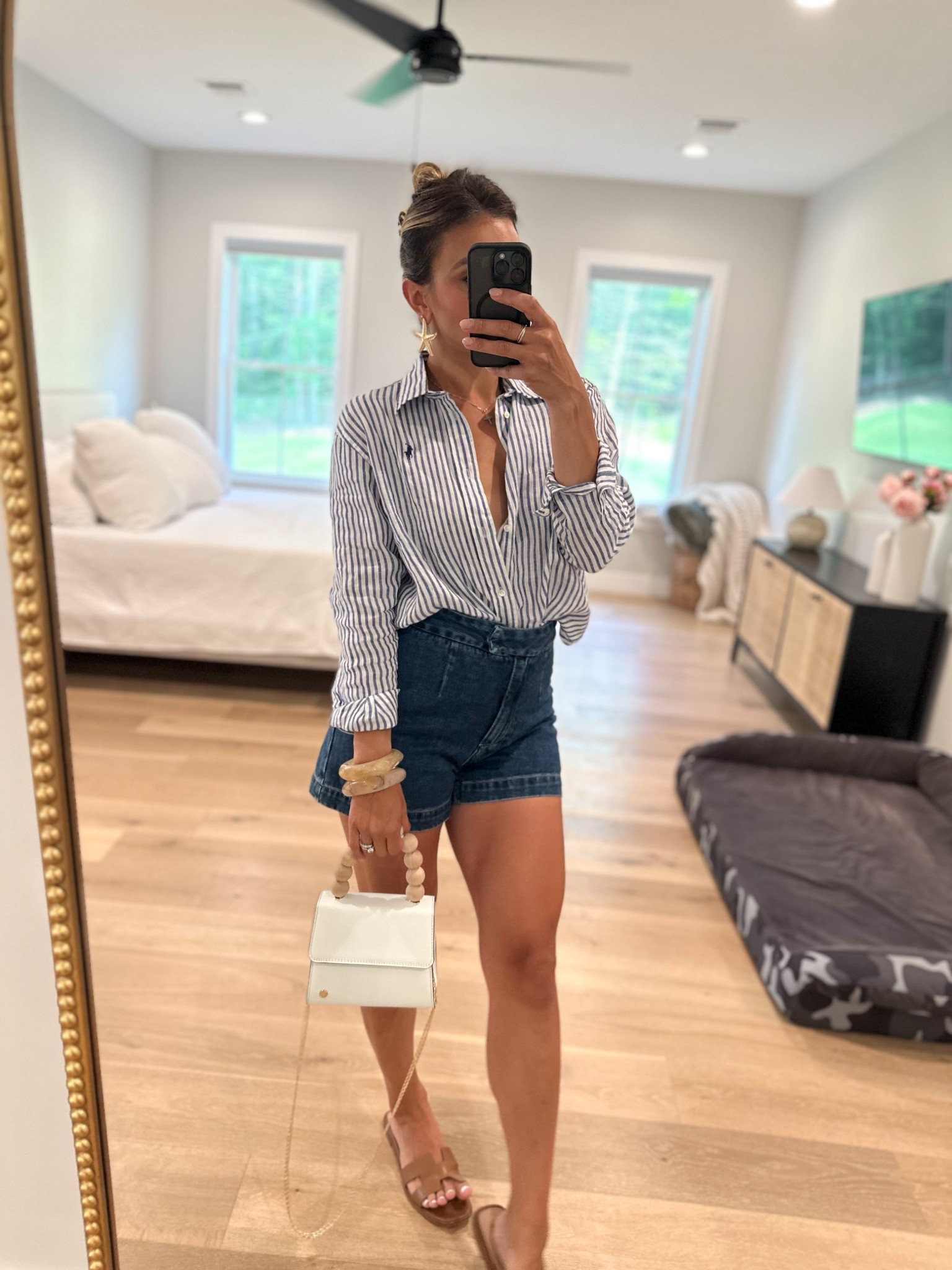 Casual summer ootd 🌊

• Ralph Lauren linen striped button down, MESHKI trouser denim shorts, revolve, white beaded handbag, starfish earrings, asos, amazon finds, Steve Madden 

#LTKSeasonal