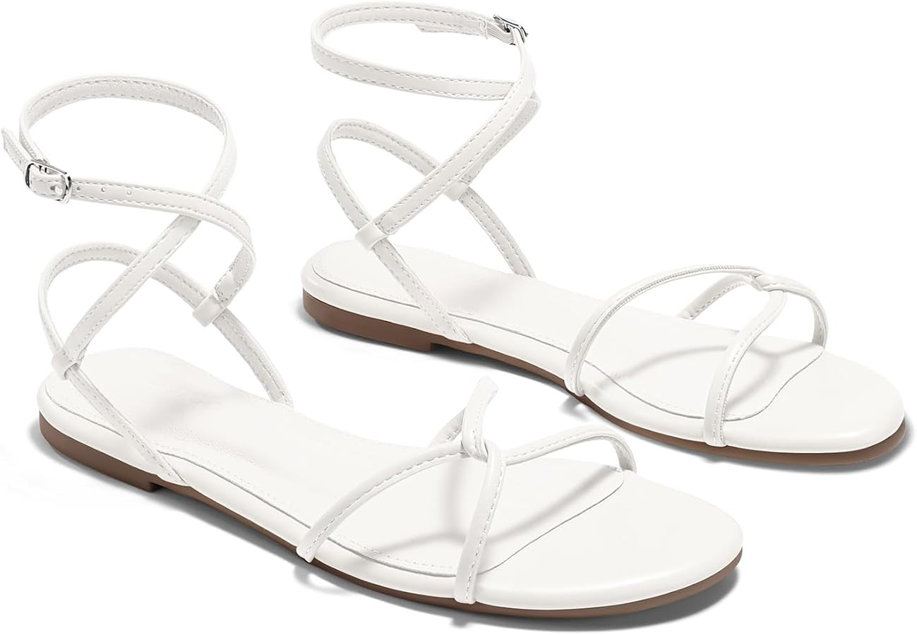 Coutgo Womens Flat Sandals Strappy Open Toe Cross Lace Up Ankle Strap Summer Dressy Beach Shoes | Amazon (US)