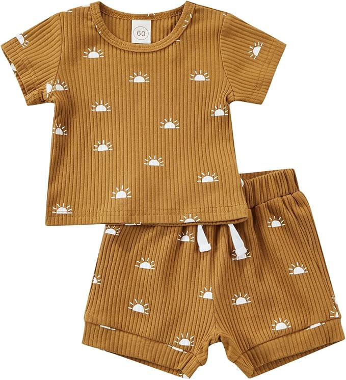 Newborn Baby Boy Summer Clothes Infant Sun Printed Outfits Ribbed Knitted Short Sleeve T Shirt To... | Amazon (US)