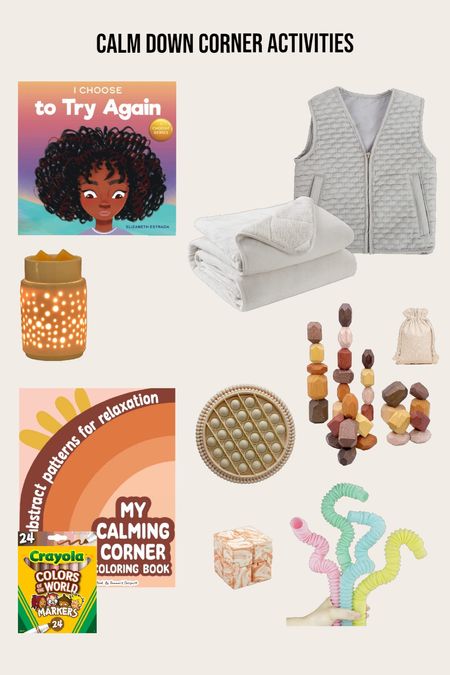 Calm down corner activities: self regulation book, weighted blanket and vest, calming coloring book, fidget and sensory toys. With wax melt warmer for calming smells. 

#LTKhome