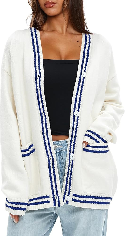 Darong Women Oversized Cardigan Sweaters Knit Button Front Stripes Trim Cardigan Tops Fall Outfit... | Amazon (US)
