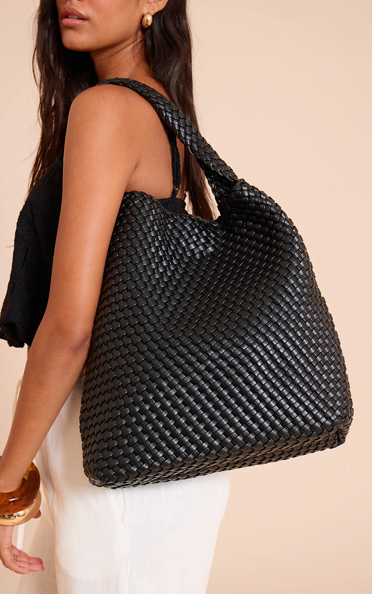 Premium Black Pu Weave Shoulder Bag | PrettyLittleThing UK