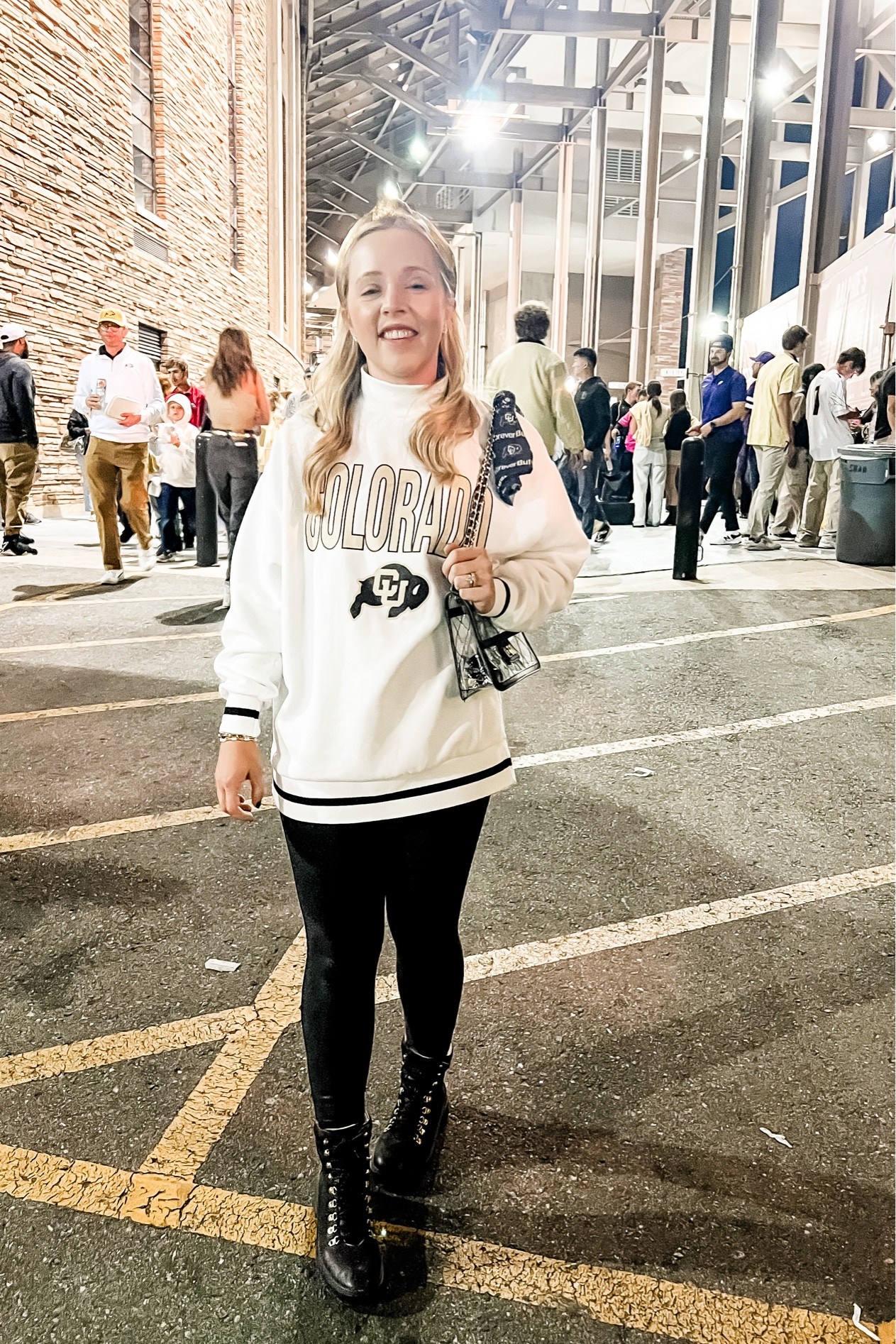 College football outfit! Sweater shirt keeps going in and out stock, sized down to xs. Faux leather leggings are snug, but petite sized and fit tts, if in between sizes, size up. 
Football outfit, college football, football game, fall outfit, faux leather leggings, combat boots, black boots

#LTKShoeCrush #LTKSaleAlert