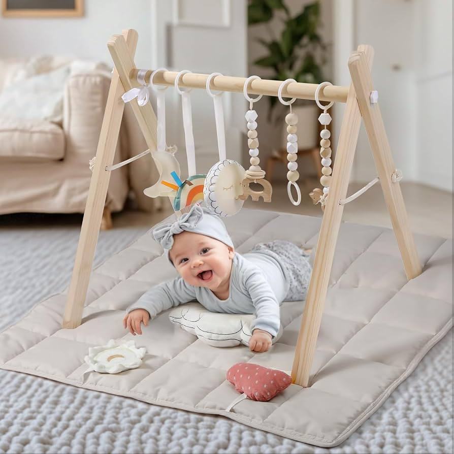 Wooden Play Gym with Beige Mat, Foldable Baby Play Gym, Infant Activity Mat with 6 Hanging Toys, ... | Amazon (US)