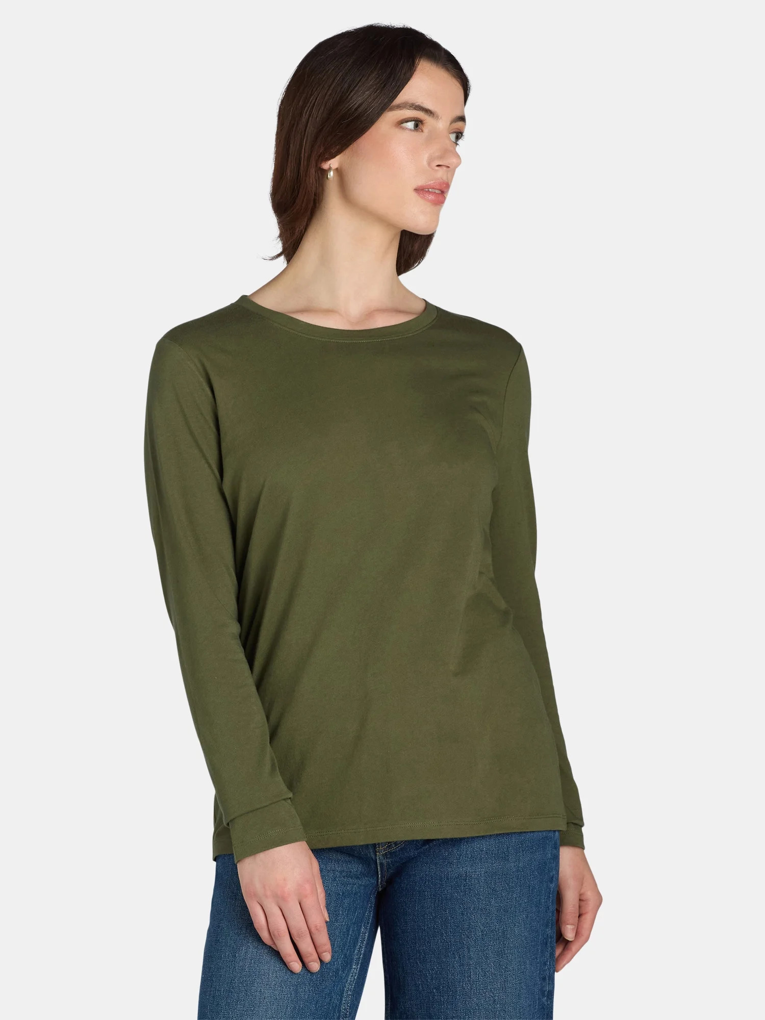 Time and Tru Women's Cotton Crewneck Tee with Long Sleeves, Single and 3 Pack, Sizes XS-XXXL | Walmart (US)