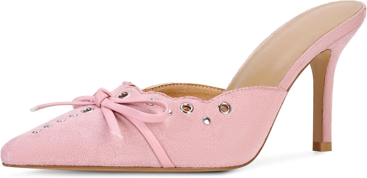 DOEYG Women Pointed Toe Bow Heels Mules Slip on Stiletto Heels Sandals Dress Party Wedding Studde... | Amazon (US)