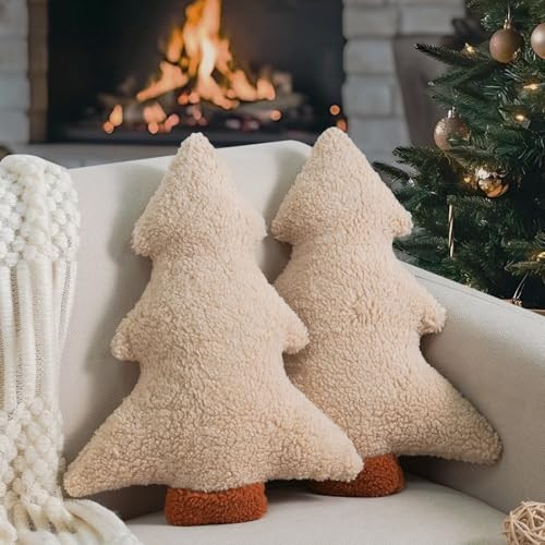 Artmag Christmas Pillows, Decorative Christmas Tree Pillow Set of 2 Stuffed Tree Shaped Plush Pillow for Holiday Party Sofa Living Room Decoration (13" x 10.5", Beige) | Amazon (US)