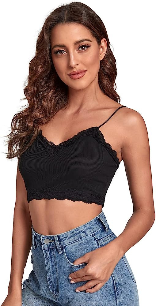Verdusa Women's V Neck Spaghetti Strap Lace Trim Crop Cami Tops | Amazon (US)