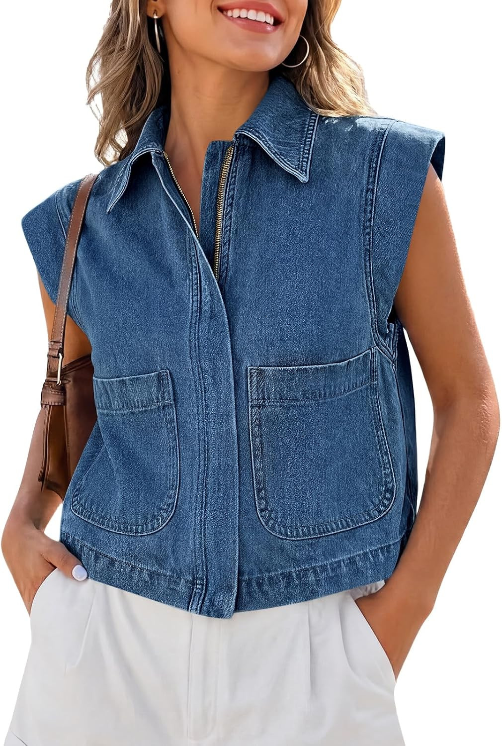 Tankaneo Womens Zip Up Denim Vest Top Summer Cap Sleeve Cropped Jean Vests | Amazon (US)