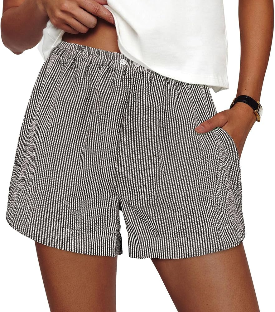 PRETTYGARDEN Women's Striped Boxer Shorts Summer 2026 Trendy Casual Elastic Waist Lounge Sleep Pa... | Amazon (US)