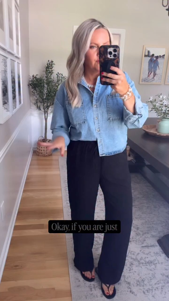 Comfy and casual outfit that you could wear to work or on the weekend! These pull on pants are so lightweight and perfect for warmer months too! This denim shirt is one of my most worn! I’m in size medium in the pants and the shirt. Both run true to size Workwear Teacher outfit Casual outfit Spring outfit 

 #LTKfoodie #LTKActive #LTKHome