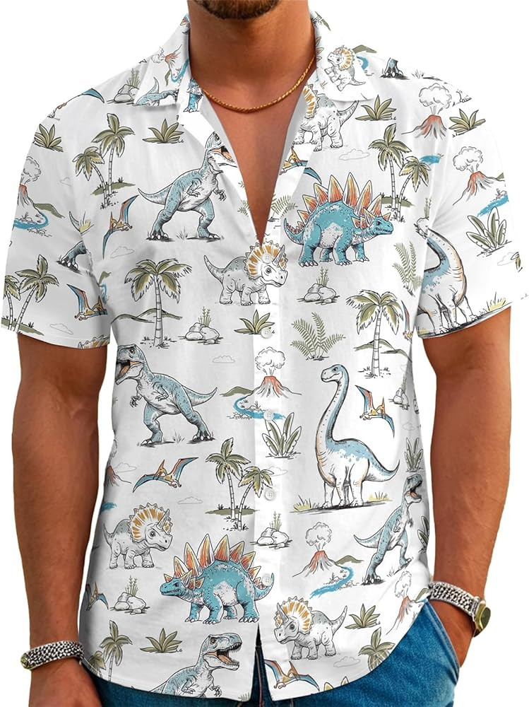 Men's Hawaiian Shirt Funny Dinosaur Aloha Shirt Short Sleeve Casual Button Down Shirt Summer Beac... | Amazon (US)