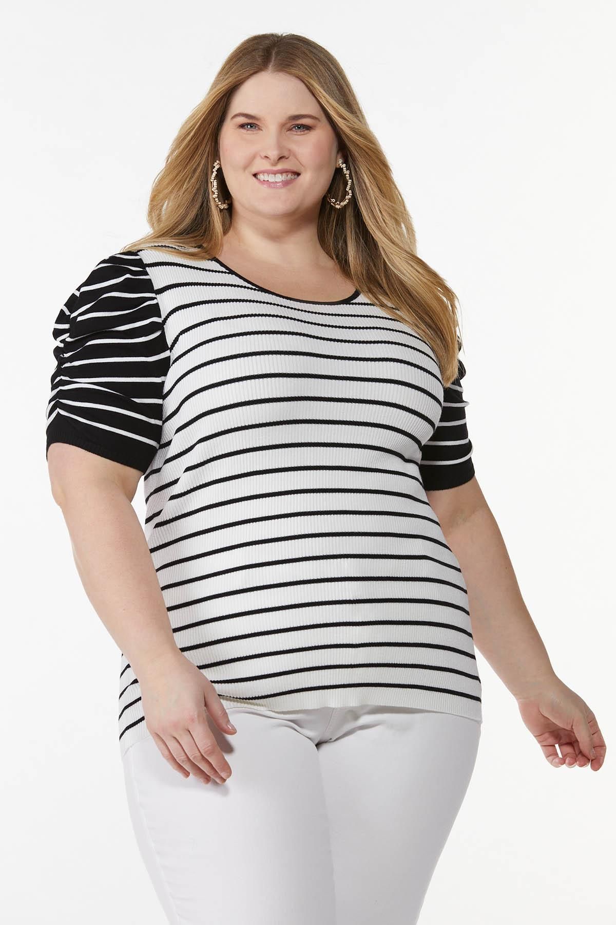 Plus Size Striped Puff Sleeve Sweater | Cato Fashions