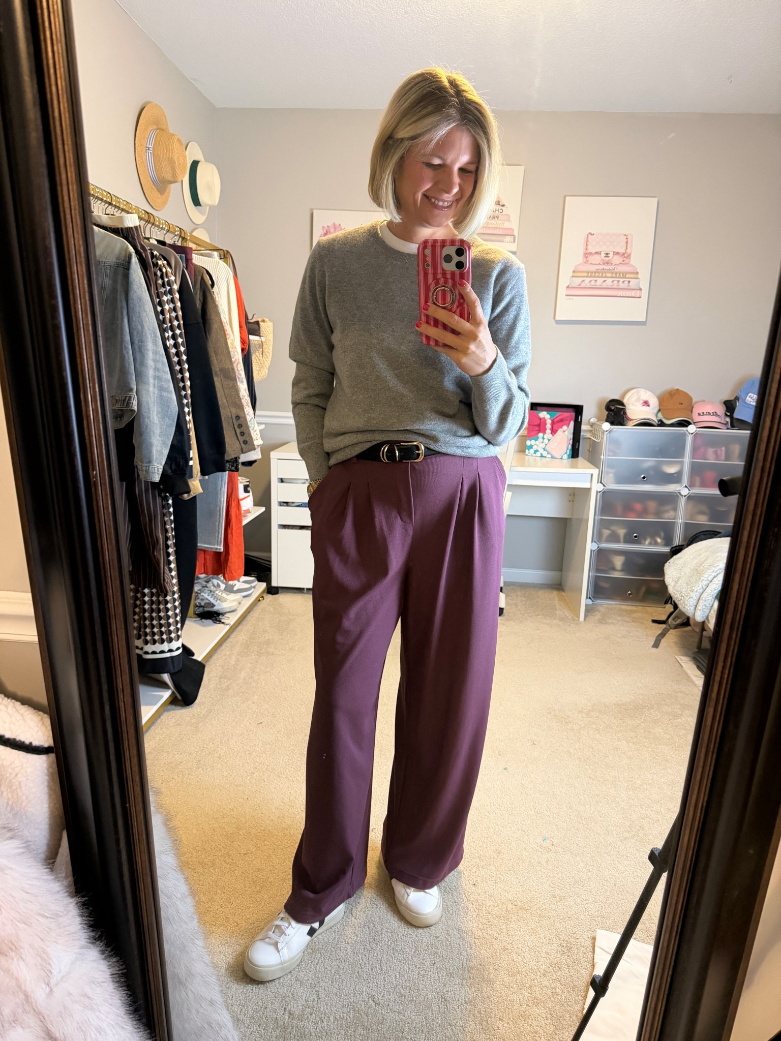 Purple wide leg trousers with elastic waist TTS (M)
Grey cashmere blend Crewneck sweater TTS

#LTKWorkwear #LTKMidsize #LTKTravel